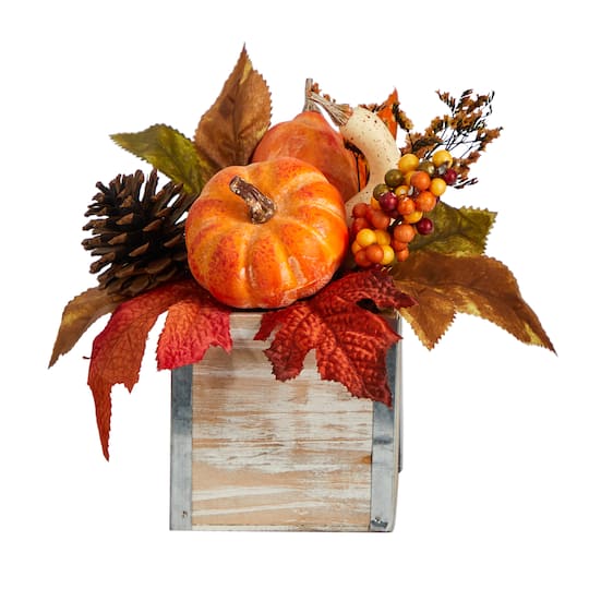 8" Pumpkin, Gourd, Berries & Pinecones Autumn Arrangement In Natural Washed Vase